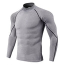 Camiseta esportiva masculina de secagem rápida para musculação e corrida, manga longa, compressão, para academia, justa e resistente ao sol.