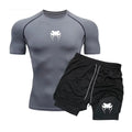 Conjunto de compressão masculino para fitness e atividades físicas - Conjunto de shorts de manga curta com estampa de anime, secagem rápida e camada dupla para o verão. Ideal para corrida e exercícios.