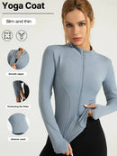 Jaqueta fitness feminina, blusa justa de secagem rápida, edição outono 2026, manga comprida com gola alta e proteção solar, ideal para Pilates e esportes.