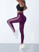 Calça legging esportiva casual de uma peça com listra lateral, cintura alta, elasticidade em 4 direções, respirável, para corrida, treino e ioga. Ideal para mulheres.