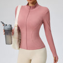 Jaqueta fitness feminina, blusa justa de secagem rápida, edição outono 2026, manga comprida com gola alta e proteção solar, ideal para Pilates e esportes.