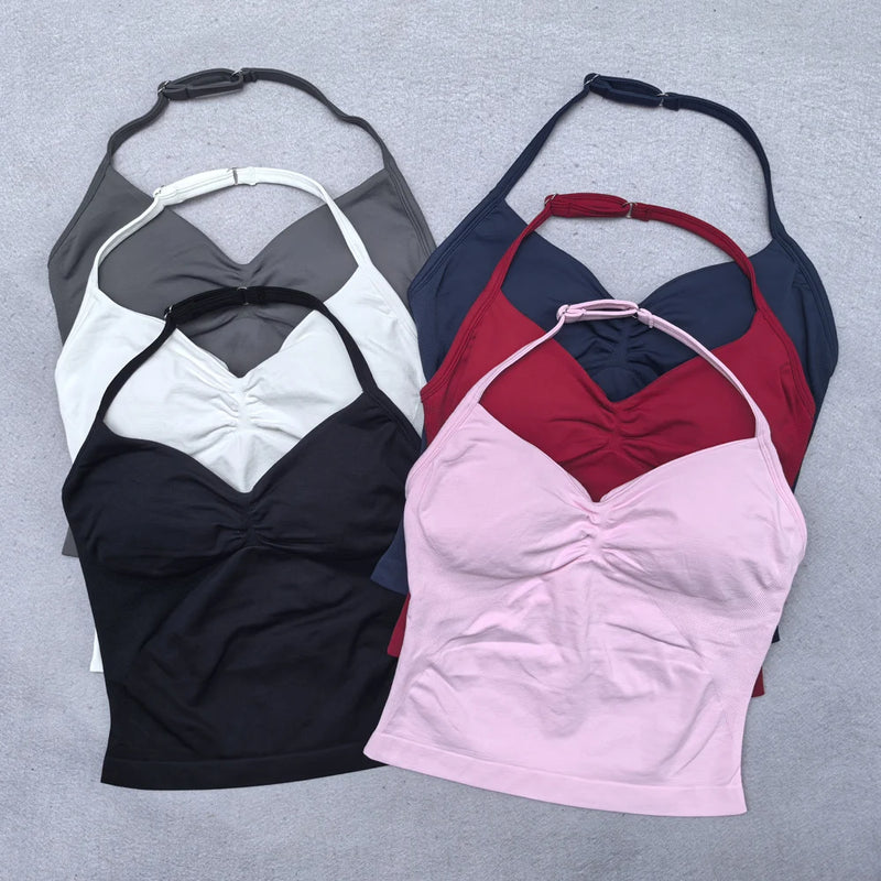 Top esportivo ajustável com alças finas, top feminino sem costas para academia, top de ioga, roupa de ginástica sem mangas, top regata.
