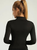 Jaqueta fitness feminina, blusa justa de secagem rápida, edição outono 2026, manga comprida com gola alta e proteção solar, ideal para Pilates e esportes.