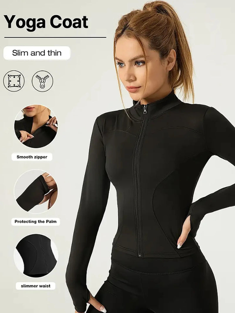 Jaqueta fitness feminina, blusa justa de secagem rápida, edição outono 2026, manga comprida com gola alta e proteção solar, ideal para Pilates e esportes.