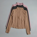 Camisa feminina de ginástica com zíper, manga comprida, estilo jaqueta esportiva, top para academia, roupa de corrida, agasalho para treino.