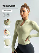 Jaqueta fitness feminina, blusa justa de secagem rápida, edição outono 2026, manga comprida com gola alta e proteção solar, ideal para Pilates e esportes.