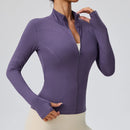 Jaqueta fitness feminina, blusa justa de secagem rápida, edição outono 2026, manga comprida com gola alta e proteção solar, ideal para Pilates e esportes.
