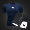 Conjunto de compressão masculino para fitness e atividades físicas - Conjunto de shorts de manga curta com estampa de anime, secagem rápida e camada dupla para o verão. Ideal para corrida e exercícios.