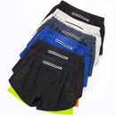 Calções de corrida masculinos de secagem rápida, pretos, com dupla camada, ideais para treino, musculação e exercícios.