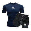 Conjunto de compressão masculino para fitness e atividades físicas - Conjunto de shorts de manga curta com estampa de anime, secagem rápida e camada dupla para o verão. Ideal para corrida e exercícios.