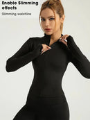 Jaqueta fitness feminina, blusa justa de secagem rápida, edição outono 2026, manga comprida com gola alta e proteção solar, ideal para Pilates e esportes.