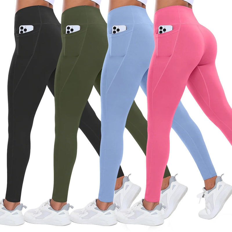 Calça legging esportiva feminina de ioga com bolsos, modeladora de bumbum e com controle abdominal, cintura alta, ideal para academia e atividades físicas.