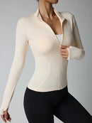 Jaqueta fitness feminina, blusa justa de secagem rápida, edição outono 2026, manga comprida com gola alta e proteção solar, ideal para Pilates e esportes.