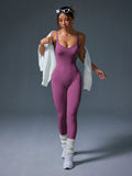Macacão esportivo Fitness sem costura, cor sólida, sexy, com decote nas costas, justo ao corpo, ideal para exercícios, academia e atividades físicas.