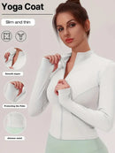 Jaqueta fitness feminina, blusa justa de secagem rápida, edição outono 2026, manga comprida com gola alta e proteção solar, ideal para Pilates e esportes.