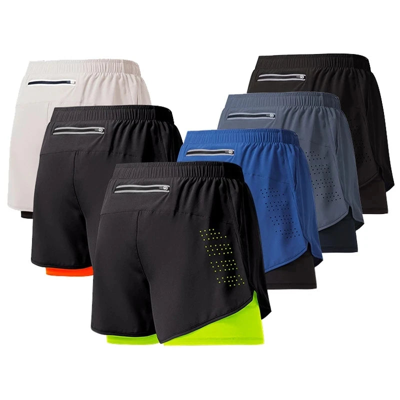 Calções de corrida masculinos de secagem rápida, pretos, com dupla camada, ideais para treino, musculação e exercícios.