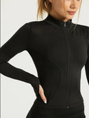 Jaqueta fitness feminina, blusa justa de secagem rápida, edição outono 2026, manga comprida com gola alta e proteção solar, ideal para Pilates e esportes.