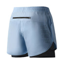 Calções de corrida masculinos de secagem rápida, pretos, com dupla camada, ideais para treino, musculação e exercícios.