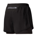 Calções de corrida masculinos de secagem rápida, pretos, com dupla camada, ideais para treino, musculação e exercícios.