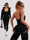 Macacão esportivo Fitness sem costura, cor sólida, sexy, com decote nas costas, justo ao corpo, ideal para exercícios, academia e atividades físicas.