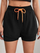 Shorts fitness femininos de cintura alta com controle elástico de proximidade, shorts de corrida, imitação de calça de duas peças
