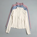 Camisa feminina de ginástica com zíper, manga comprida, estilo jaqueta esportiva, top para academia, roupa de corrida, agasalho para treino.