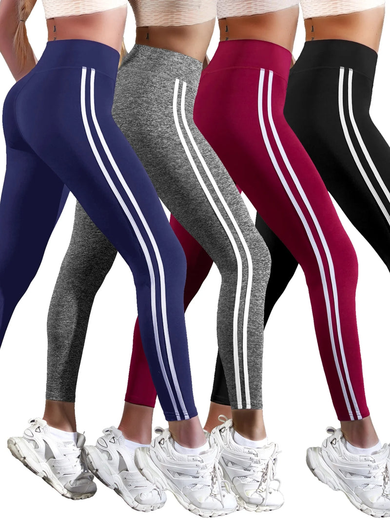 Calça legging esportiva casual de uma peça com listra lateral, cintura alta, elasticidade em 4 direções, respirável, para corrida, treino e ioga. Ideal para mulheres.