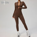 Macacão feminino SOISOU com zíper, secagem rápida, roupa esportiva para academia, ioga, conjunto de treino em nylon e elastano.