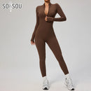 Macacão feminino SOISOU com zíper, secagem rápida, roupa esportiva para academia, ioga, conjunto de treino em nylon e elastano.