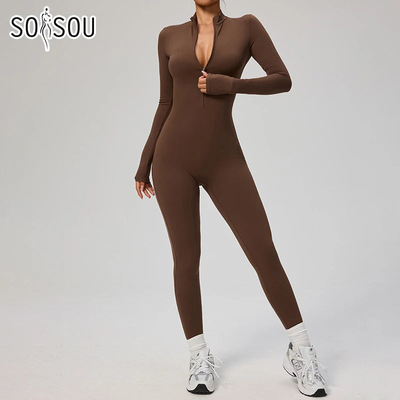 Macacão feminino SOISOU com zíper, secagem rápida, roupa esportiva para academia, ioga, conjunto de treino em nylon e elastano.
