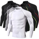 Camiseta esportiva masculina de secagem rápida para musculação e corrida, manga longa, compressão, para academia, justa e resistente ao sol.