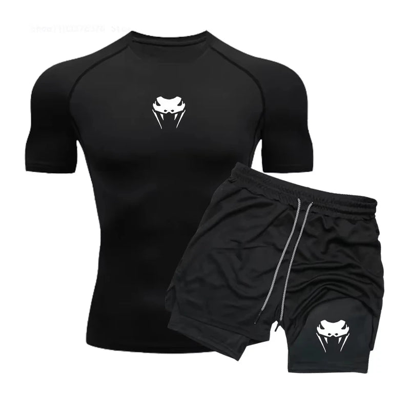 Conjunto de compressão masculino para fitness e atividades físicas - Conjunto de shorts de manga curta com estampa de anime, secagem rápida e camada dupla para o verão. Ideal para corrida e exercícios.