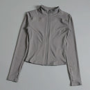 Camisa feminina de ginástica com zíper, manga comprida, estilo jaqueta esportiva, top para academia, roupa de corrida, agasalho para treino.